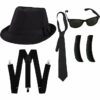Adult Blues Brothers Black Trilby Hat Tie Braces Sunglasses and Sideburns Set