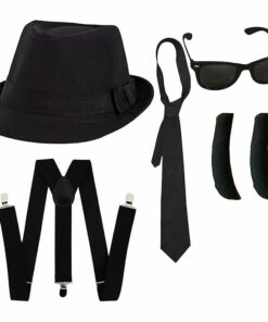 Adult Blues Brothers Black Trilby Hat Tie Braces Sunglasses and Sideburns Set