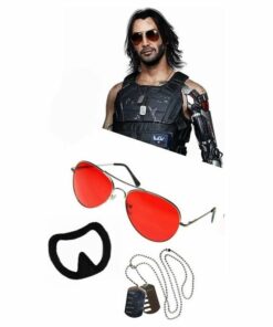 Cyberpunk Johnny Silverhand Red Sunglasses Goatee & Dog Tags Halloween