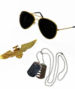 Veteran Air Pilot Forces Gold Rimmed Sunglasses Gold Aviator Pin Badge & Dog Tag