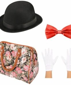 Adult's Mary Poppins Bowler Hat Bow Tie Gloves & Carpet Bag Set