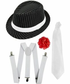 Pinstripe Trilby Tie Braces Carnation Mobster Set