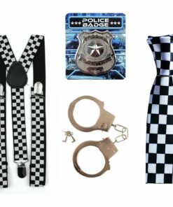 4 Piece Police Cop Black & White Chequered Fancy Dress Set